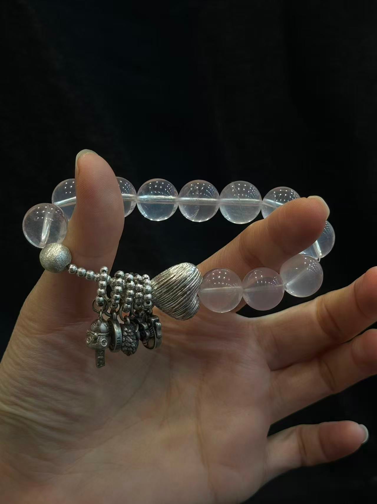 Vintage Handcrafted Silver & Rose Quartz Bracelet – Natural Love Stone Beaded Bracelet