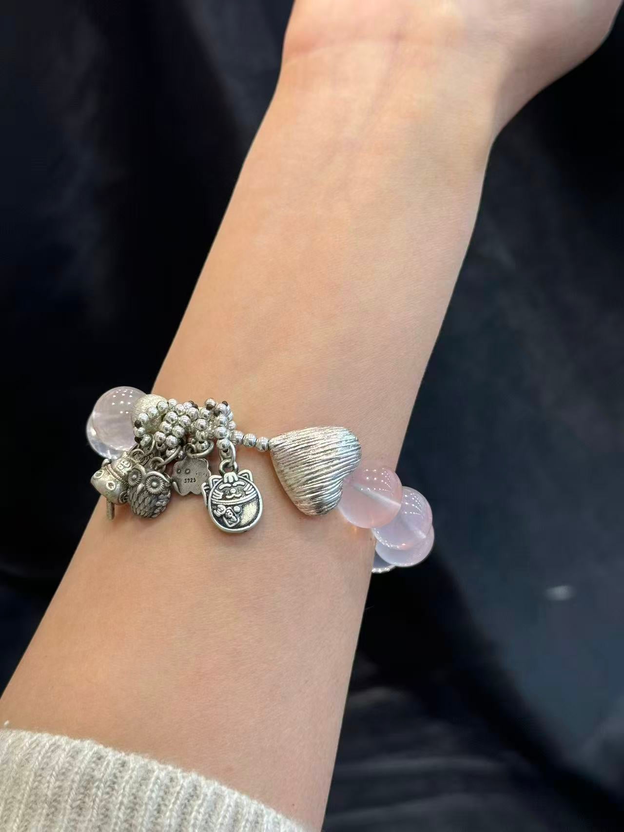 Vintage Handcrafted Silver & Rose Quartz Bracelet – Natural Love Stone Beaded Bracelet