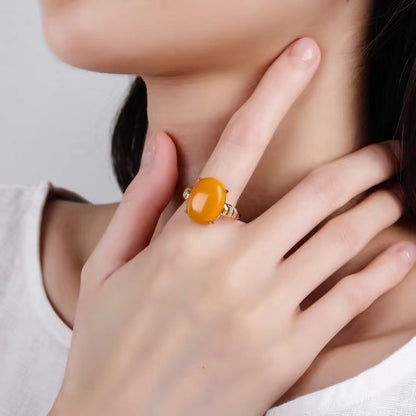 Vintage Amber Statement Ring – Gold Plated Ring with Zircon Halo & Cloud Engraving