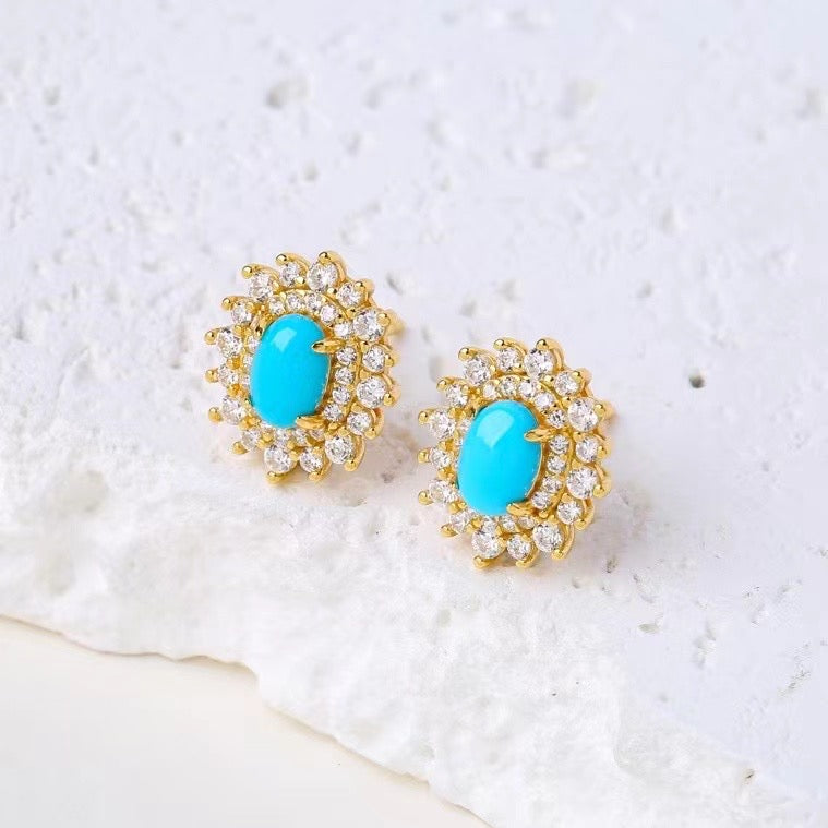 Natural Turquoise Stud Earrings | Gold Vermeil 925 Sterling Silver Gemstone Earrings
