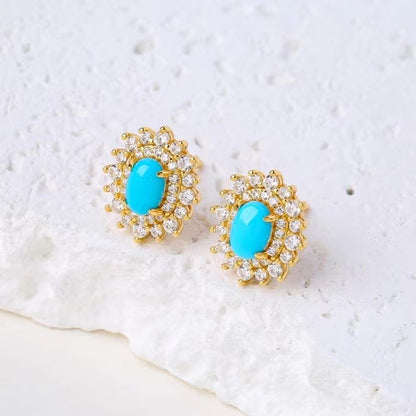Natural Turquoise Stud Earrings | Gold Vermeil 925 Sterling Silver Gemstone Earrings