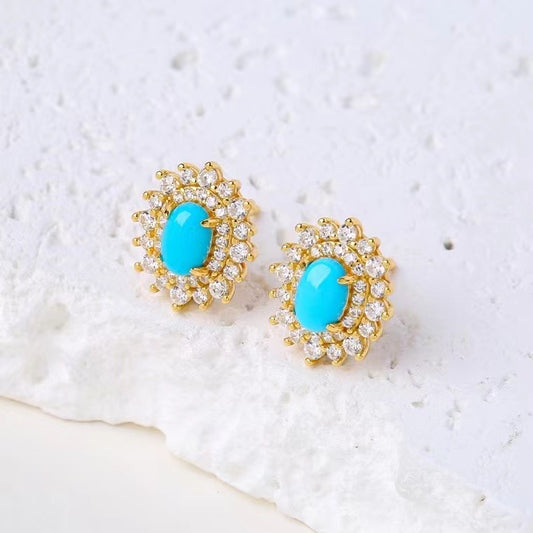 Natural Turquoise Stud Earrings | Gold Vermeil 925 Sterling Silver Gemstone Earrings