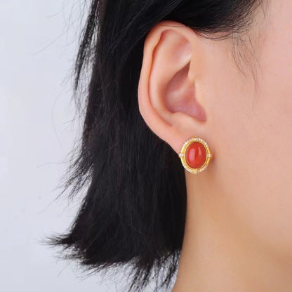 Natural Nanhong Red Agate Stud Earrings | 925 Sterling Silver Gemstone Earrings