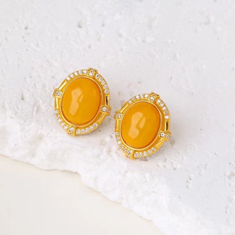Natural Amber Stud Earrings in 925 Sterling Silver – Oval Honey Amber Gemstone Earrings