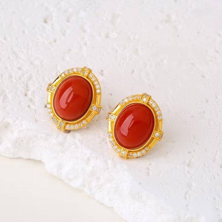 Natural Nanhong Red Agate Stud Earrings | 925 Sterling Silver Gemstone Earrings