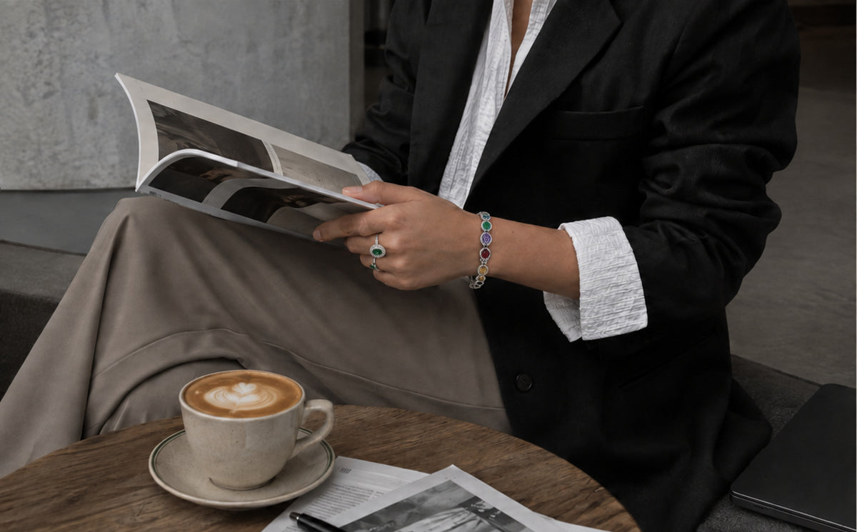 Natural gemstone jewelry in a modern cafe lifestyle scene