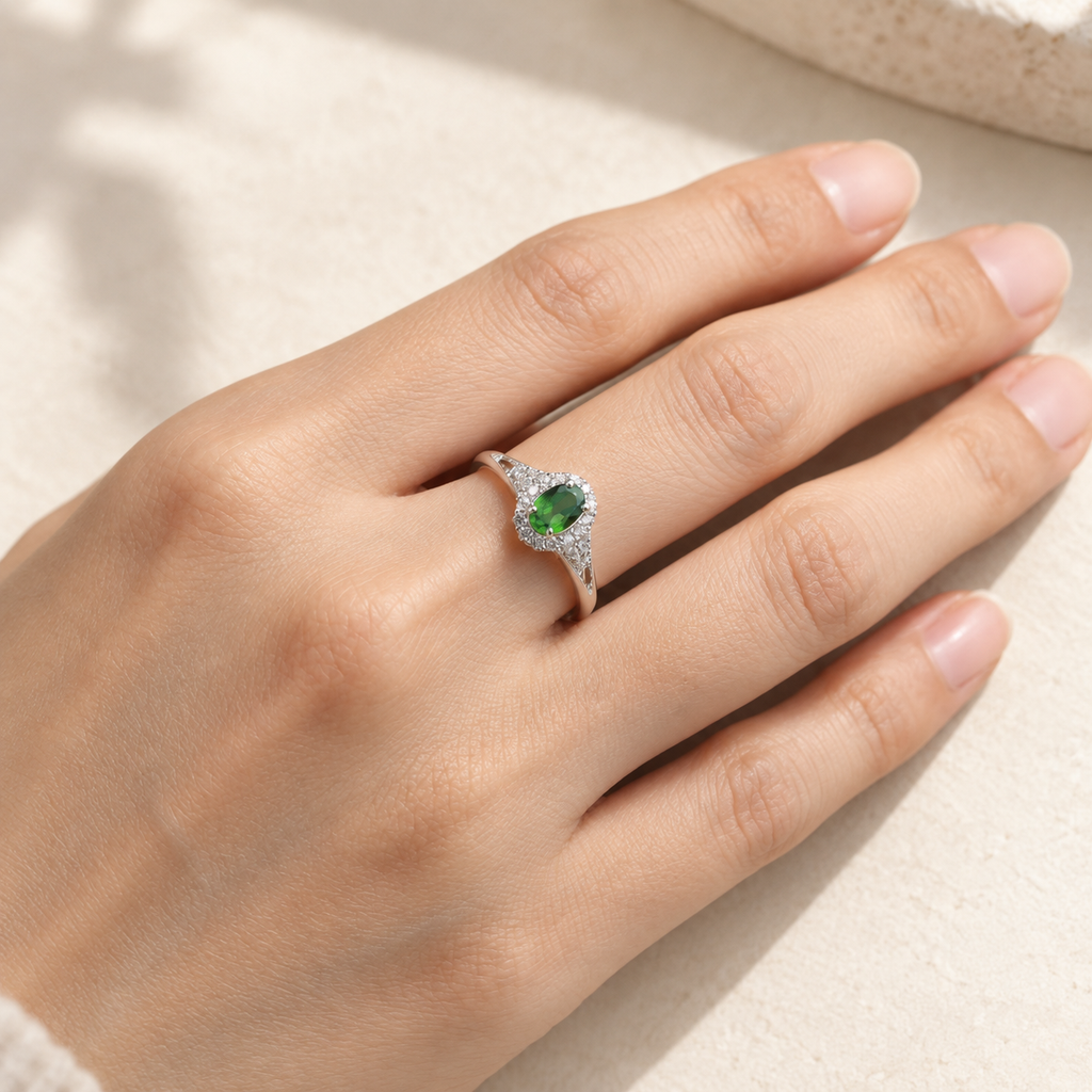 Natural chrome diopside halo ring worn on hand