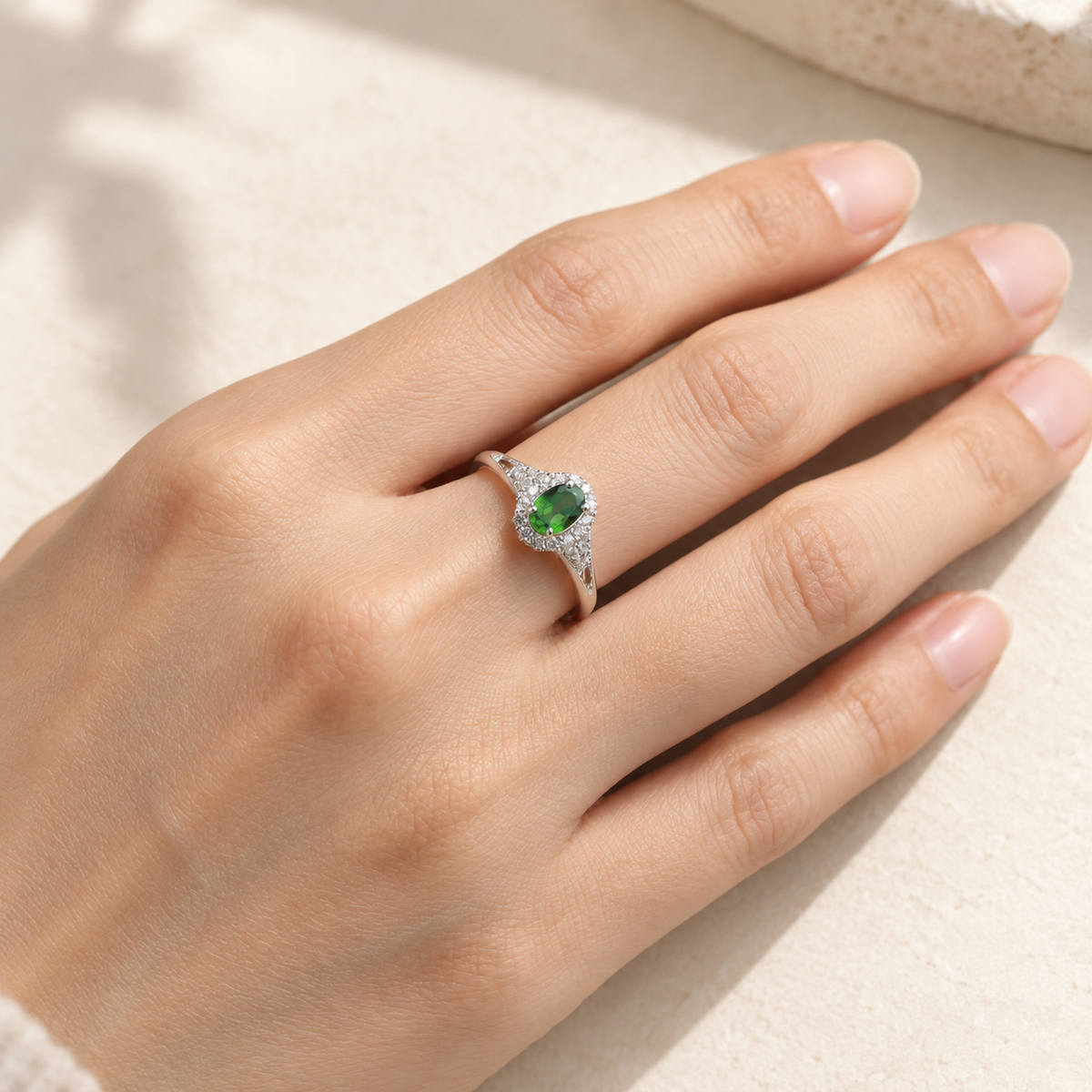 Natural chrome diopside halo ring worn on hand