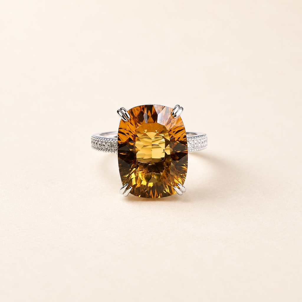 Natural Brazilian citrine cushion cut ring in S925 sterling silver
