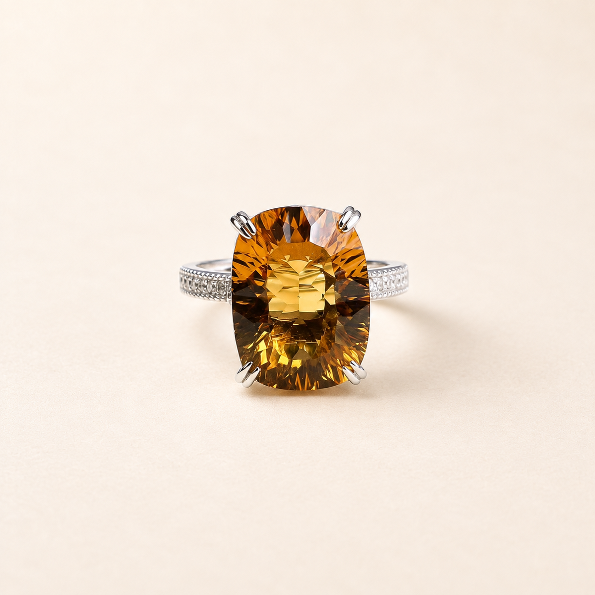 Natural Brazilian citrine cushion cut ring in S925 sterling silver