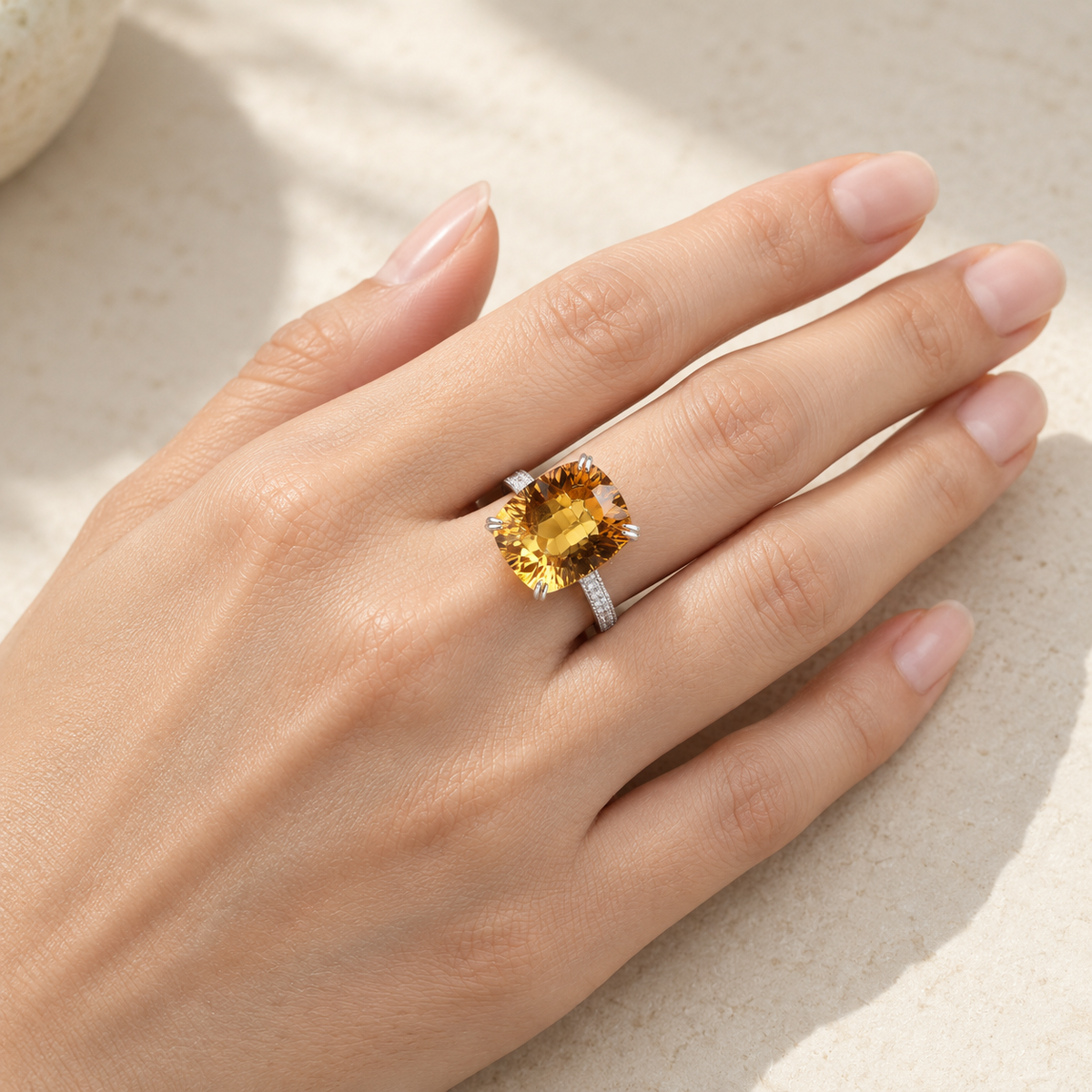 Natural Brazilian citrine ring worn on hand