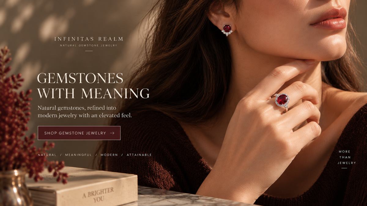 Infinitas Realm garnet gemstone jewelry hero with model, earrings and ring
