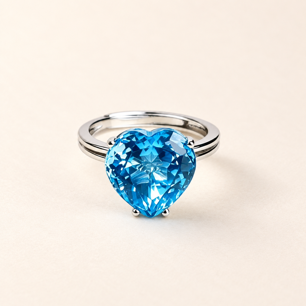 Natural Swiss blue topaz heart ring in S925 sterling silver