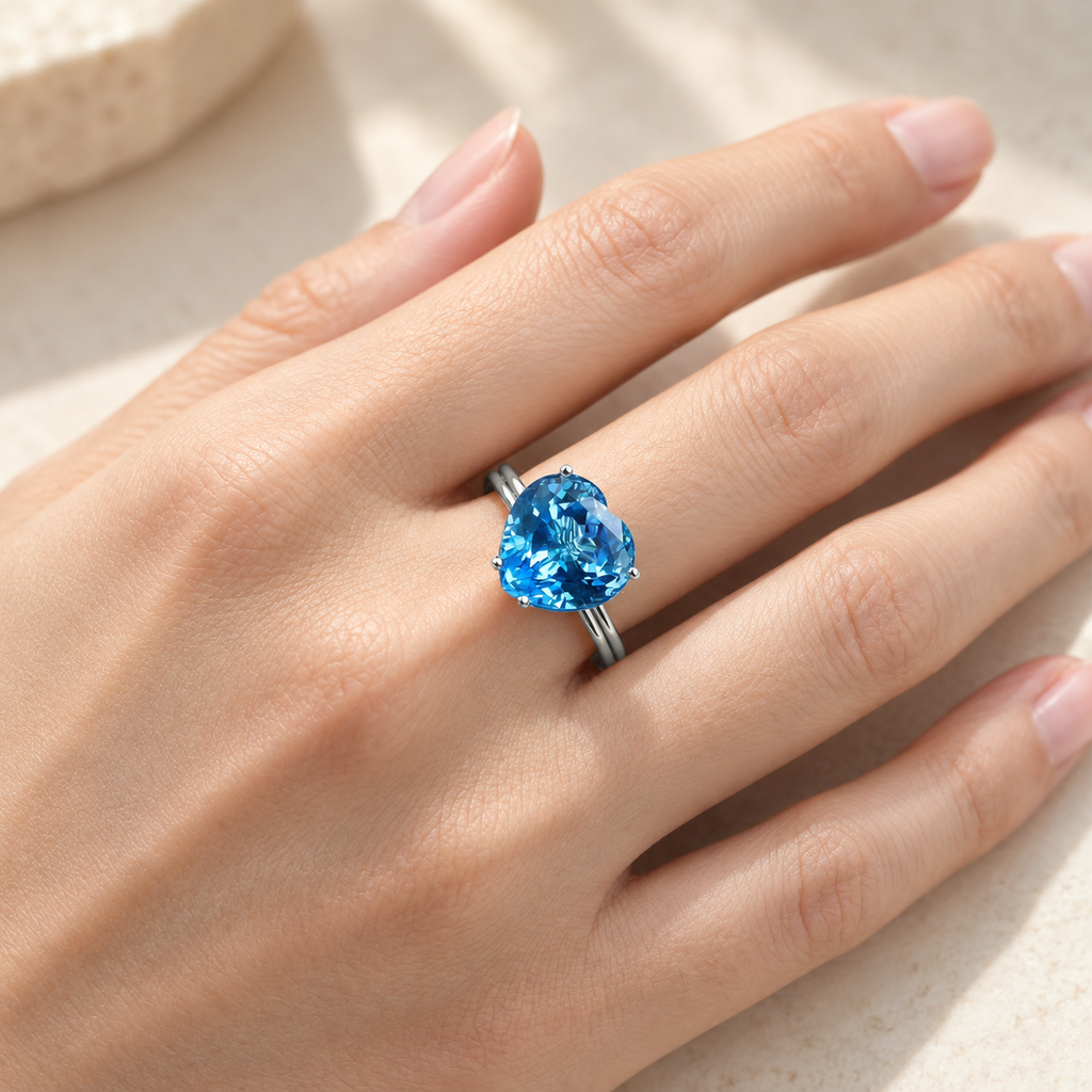 Natural Swiss blue topaz heart ring worn on hand
