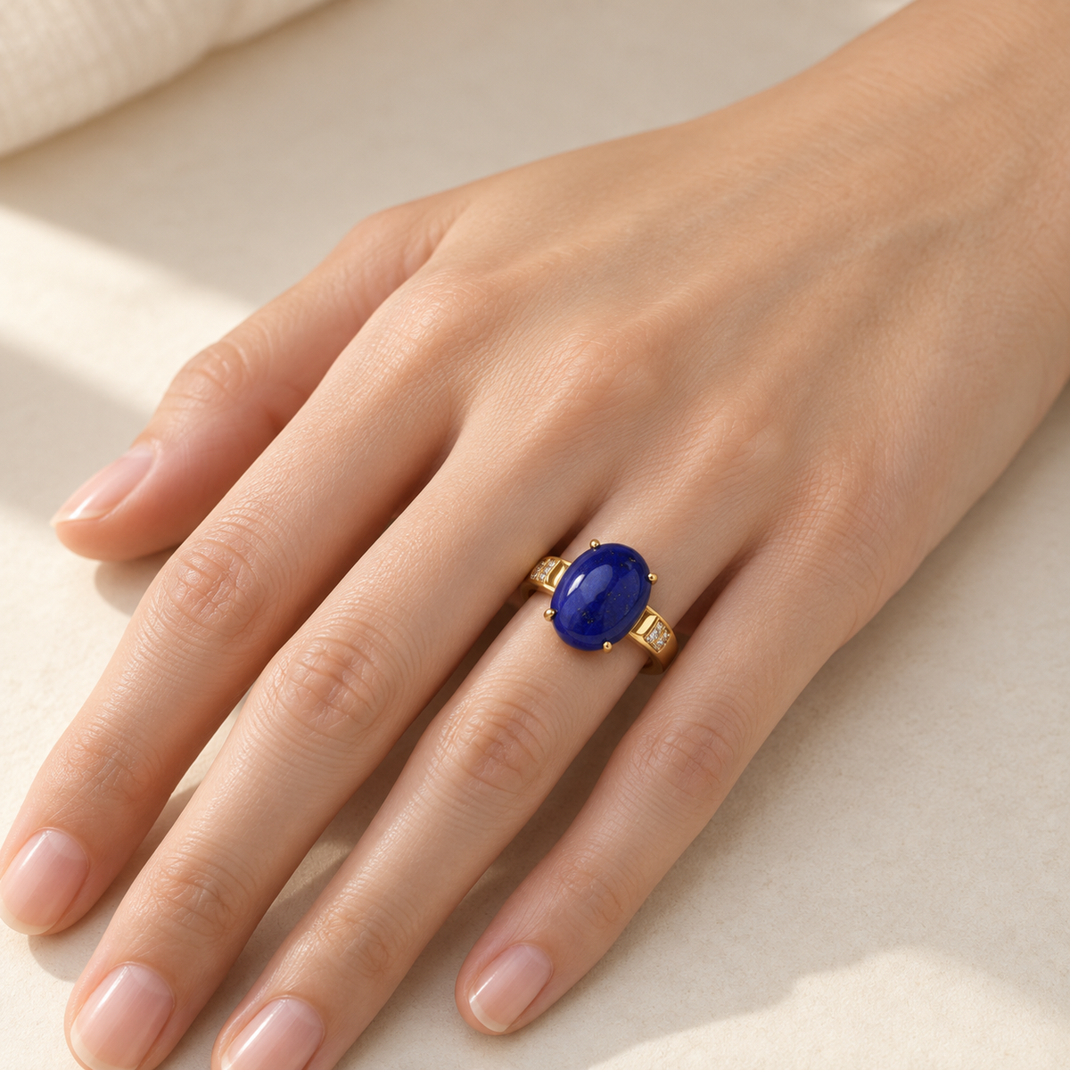 Natural lapis lazuli statement ring worn on hand