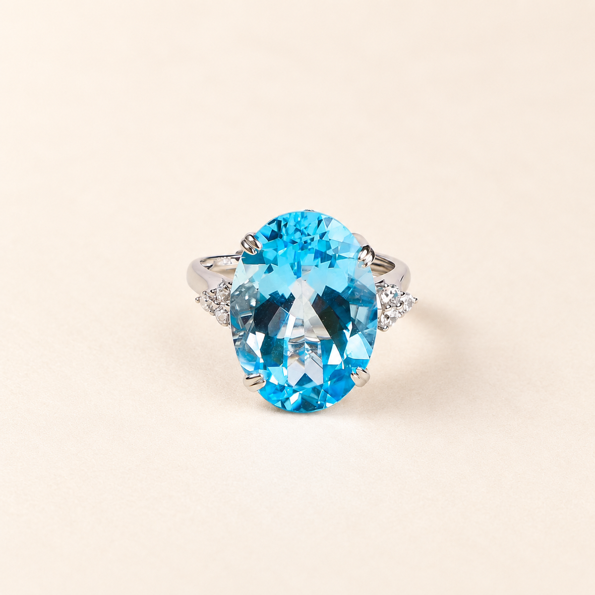 Natural Swiss blue topaz oval statement ring in S925 sterling silver