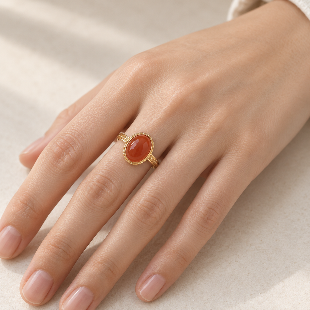 Natural red agate statement ring worn on hand