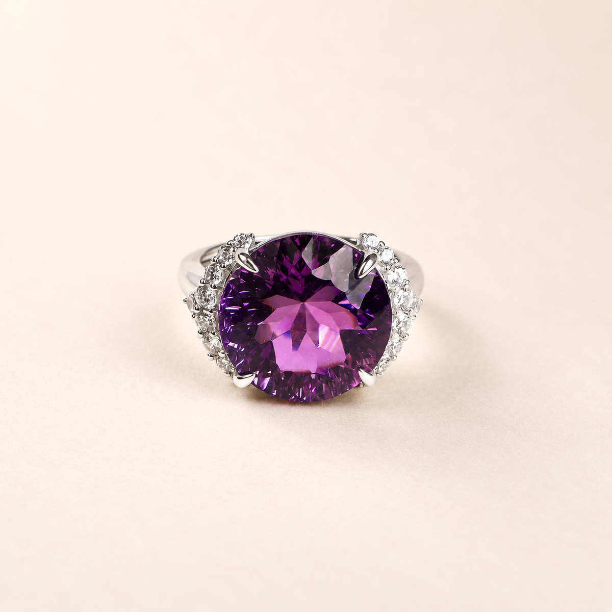 Natural Uruguayan amethyst round ring in S925 sterling silver