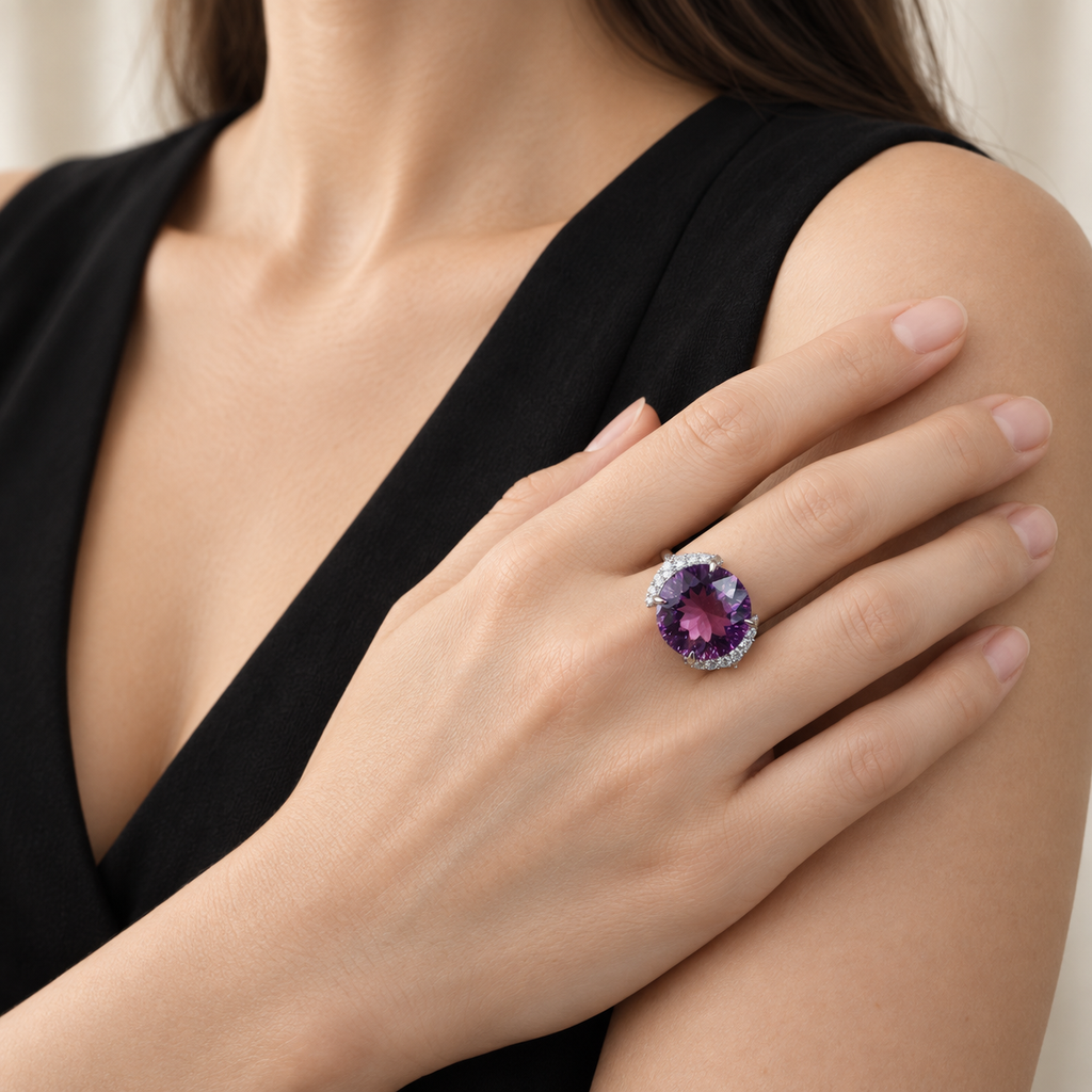 Natural Uruguayan amethyst round ring styled with a black dress
