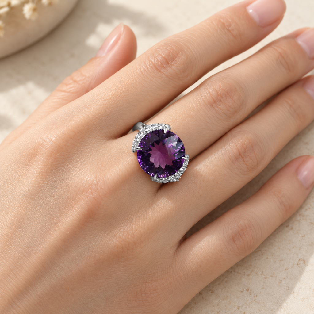Natural Uruguayan amethyst round ring worn on hand