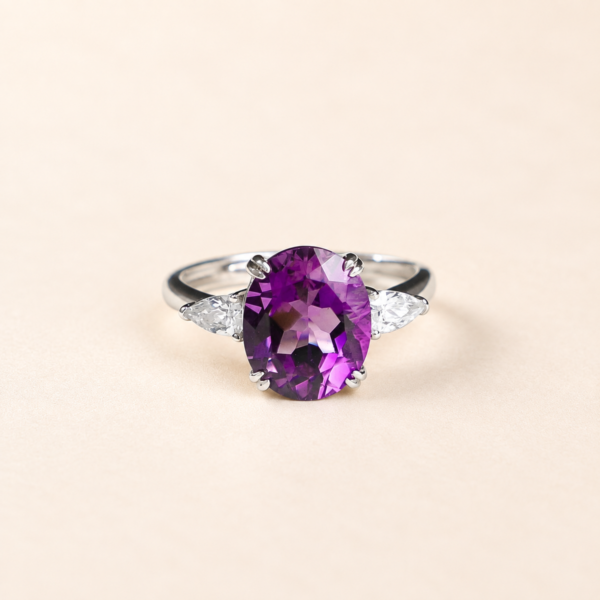 Natural Uruguayan amethyst three stone ring in S925 sterling silver