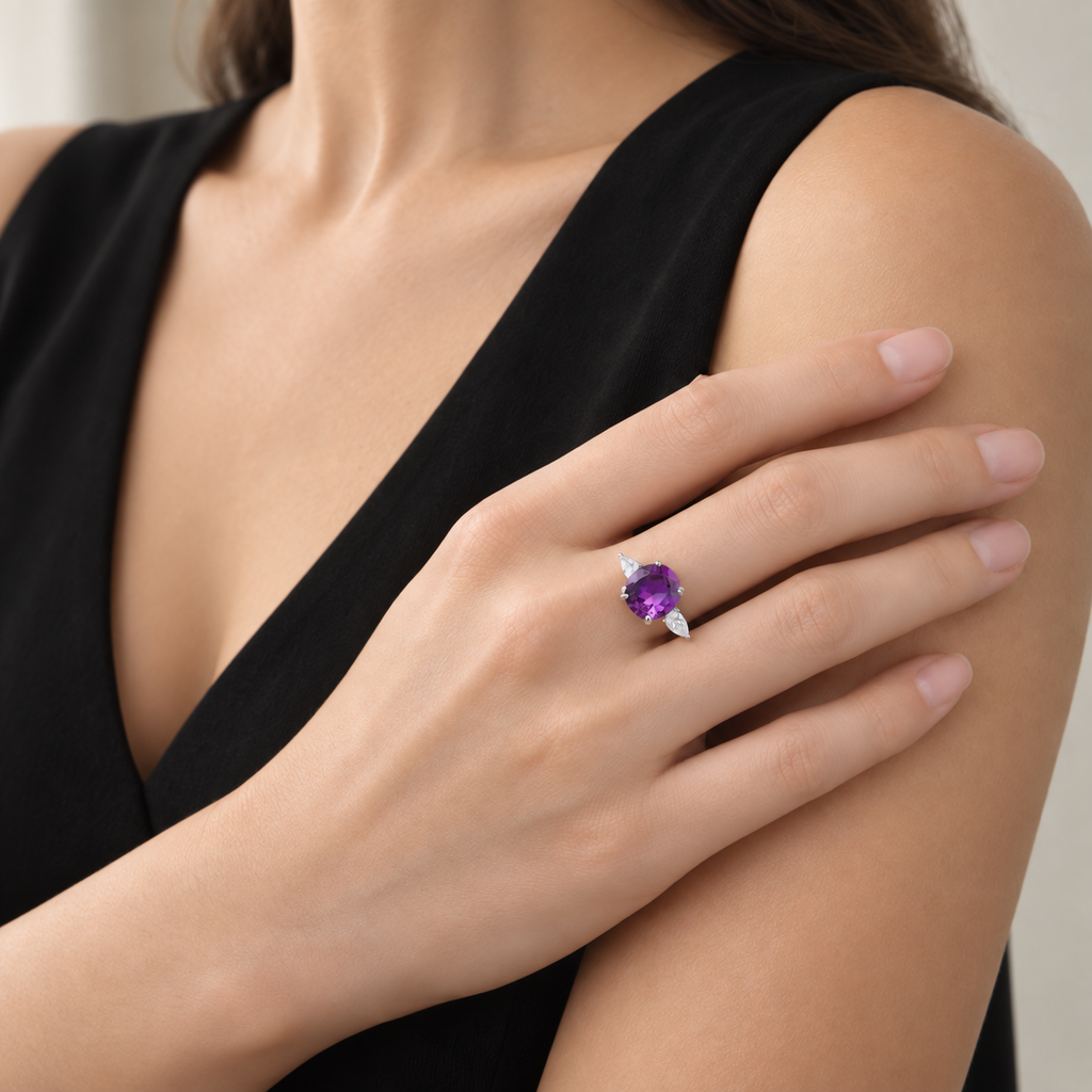 Natural Uruguayan amethyst three stone ring styled with a black dress