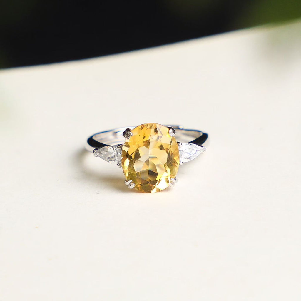 Natural Brazilian citrine oval cut three-stone ring in S925 sterling silver, front view