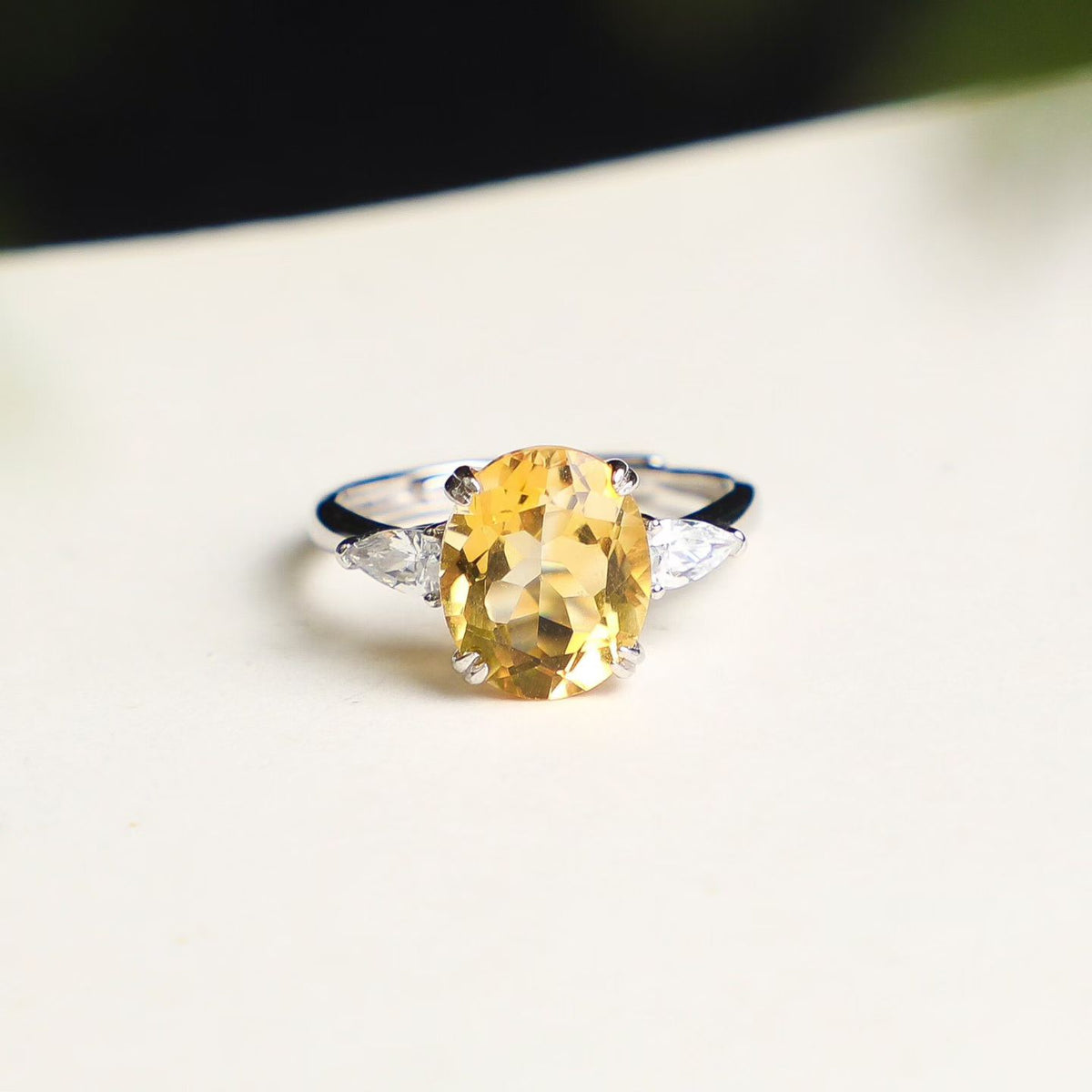 Natural Brazilian citrine oval cut three-stone ring in S925 sterling silver, front view