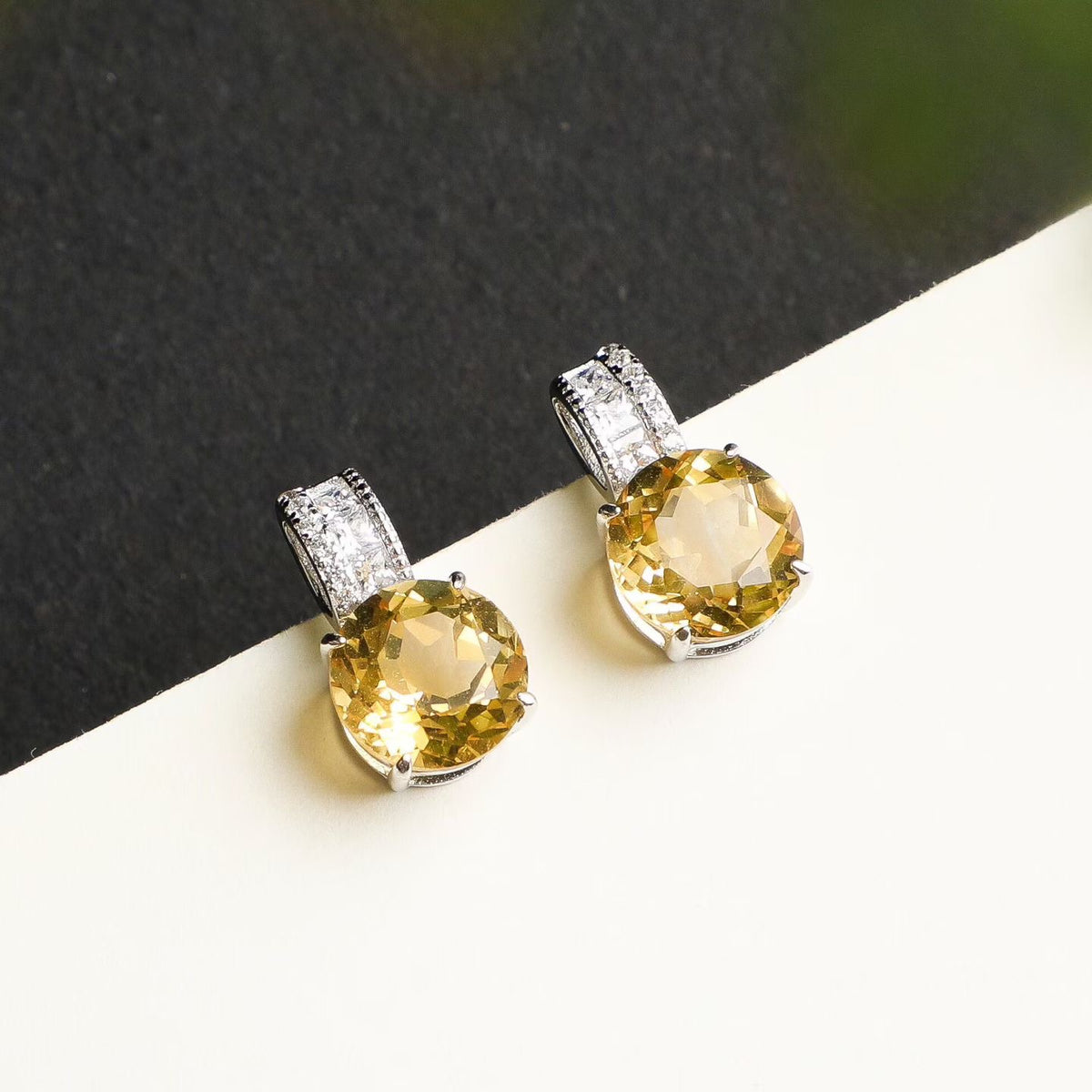 Natural Brazilian citrine round drop earrings in S925 sterling silver, detail view