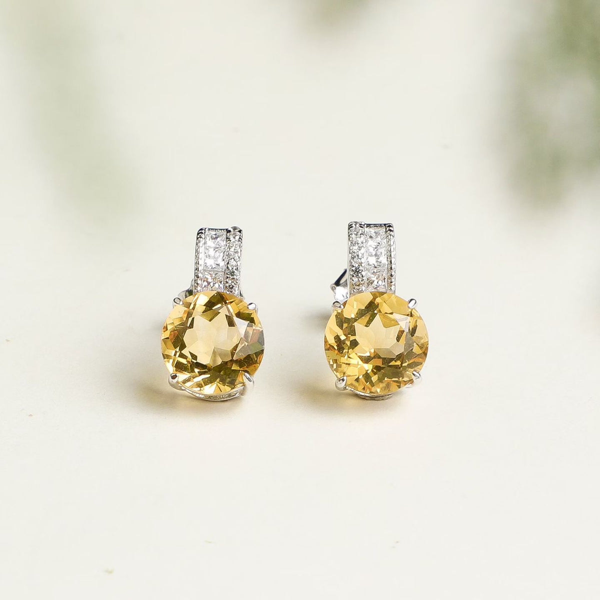 Natural Brazilian citrine round drop earrings in S925 sterling silver, front view