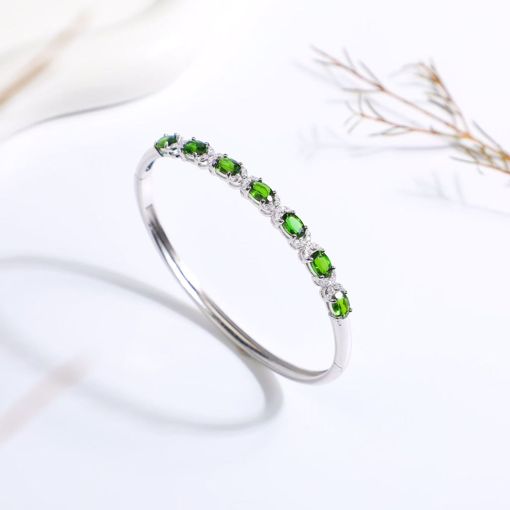 Natural chrome diopside bangle bracelet – angled view